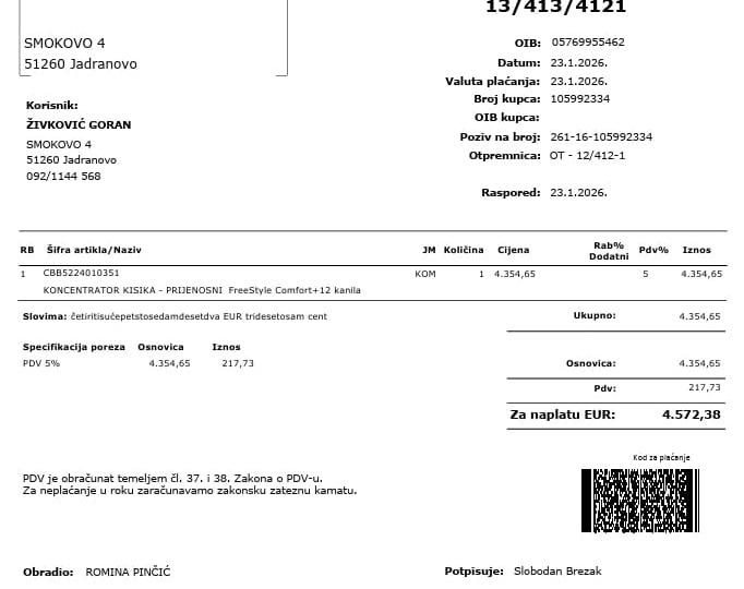 Prijenosni koncentrator kisika